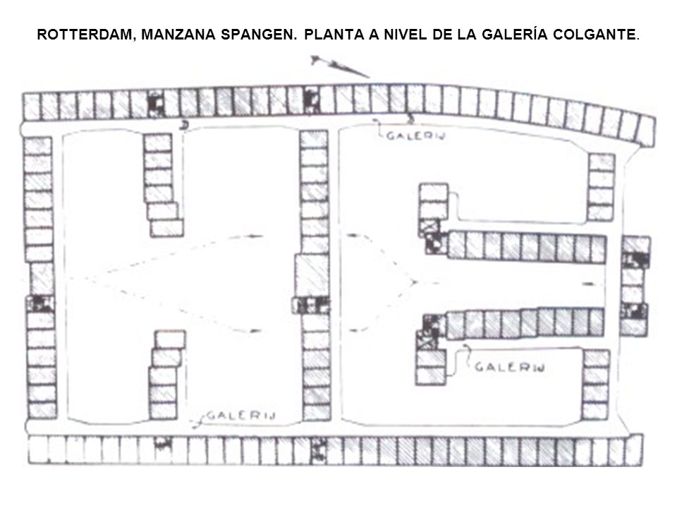 ROTTERDAM, MANZANA SPANGEN. PLANTA A NIVEL DE LA GALERÍA COLGANTE.