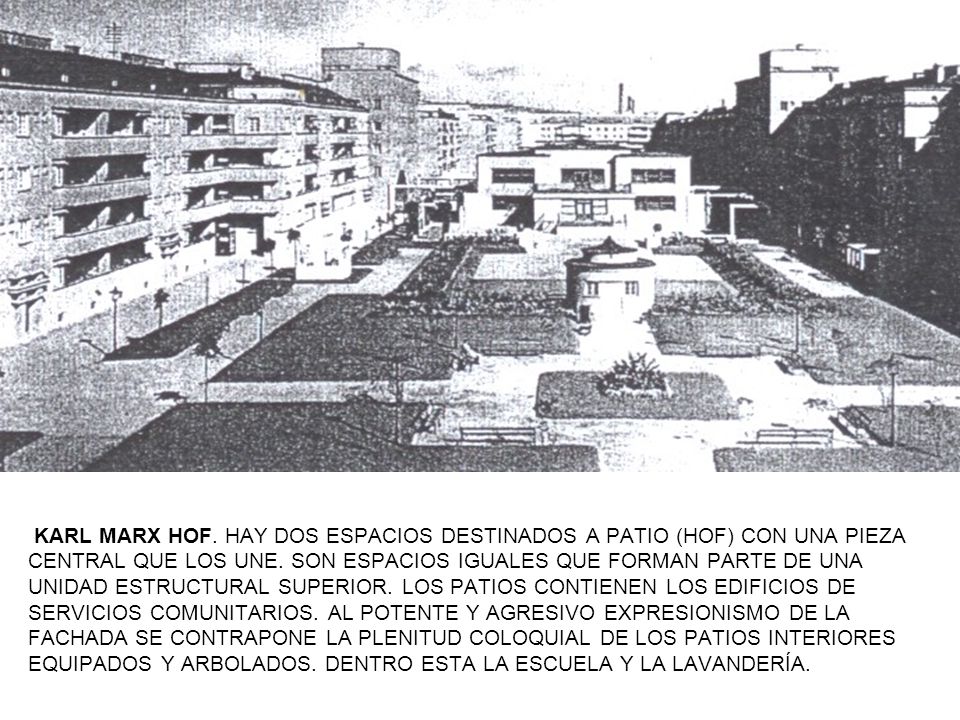 KARL MARX HOF. HAY DOS ESPACIOS DESTINADOS A PATIO (HOF) CON UNA PIEZA CENTRAL QUE LOS UNE.