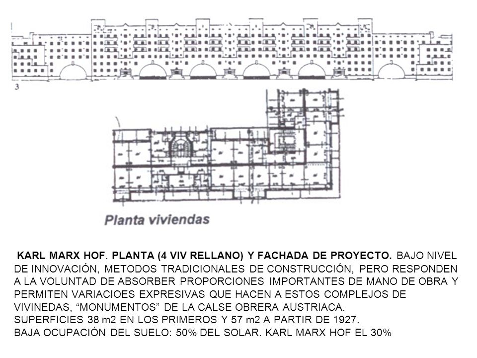 KARL MARX HOF. PLANTA (4 VIV RELLANO) Y FACHADA DE PROYECTO