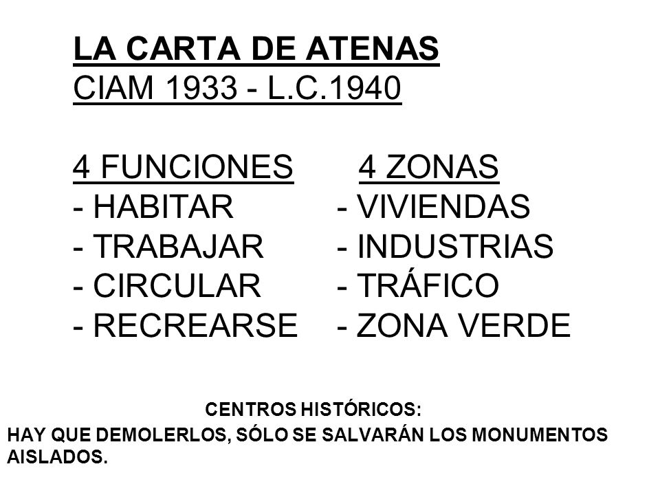 LA CARTA DE ATENAS. CIAM L. C FUNCIONES 4 ZONAS