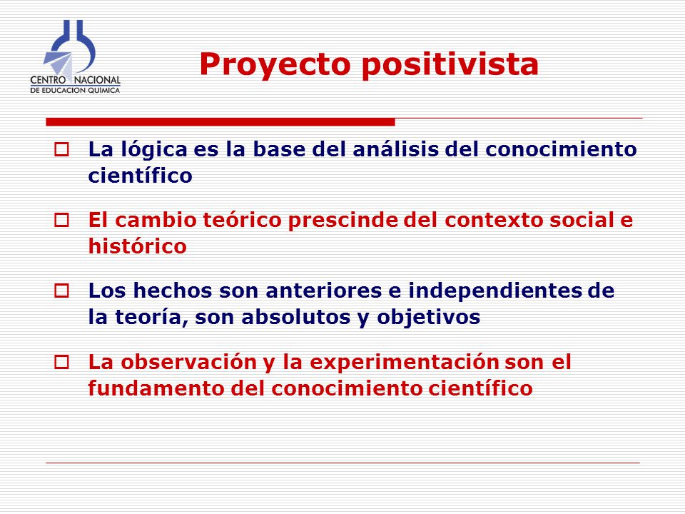 Proyecto positivista La lógica es la base del análisis del conocimiento científico. El cambio teórico prescinde del contexto social e histórico.