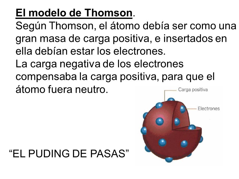 El modelo de Thomson. Según Thomson, el átomo debía ser como una gran masa de carga positiva, e insertados en ella debían estar los electrones.