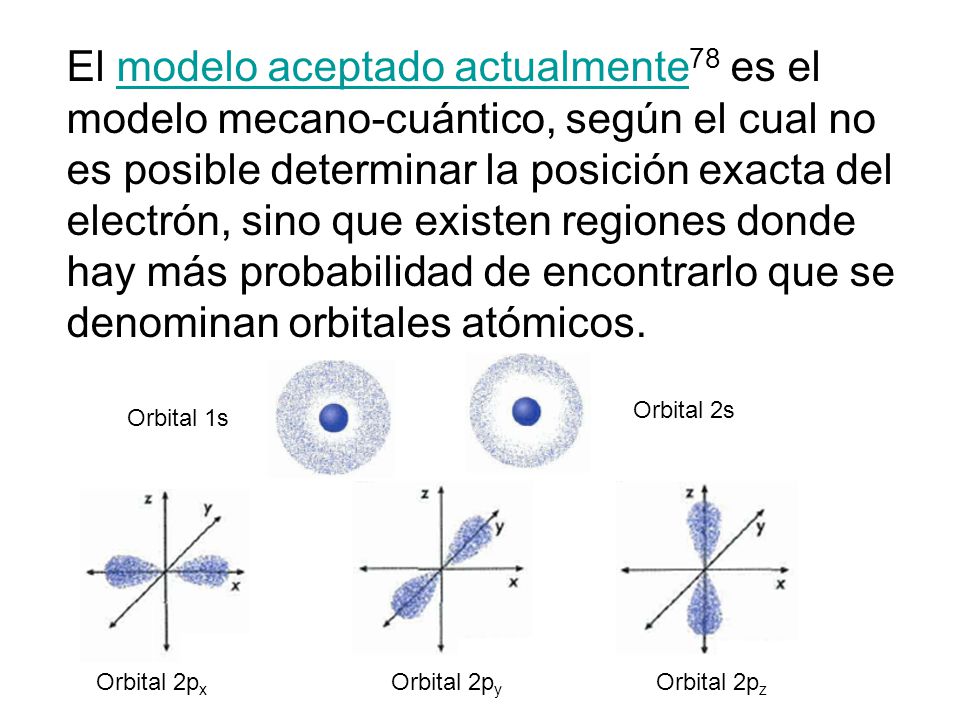 El modelo aceptado actualmente78 es el modelo mecano-cuántico, según el cual no es posible determinar la posición exacta del electrón, sino que existen regiones donde hay más probabilidad de encontrarlo que se denominan orbitales atómicos.