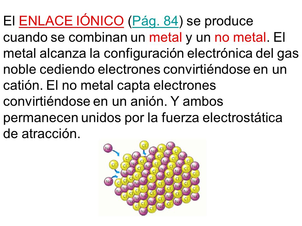 El ENLACE IÓNICO (Pág. 84) se produce cuando se combinan un metal y un no metal.