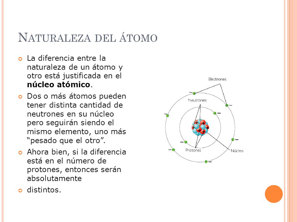 Naturaleza del átomo La diferencia entre la naturaleza de un átomo y otro está justificada en el núcleo atómico.