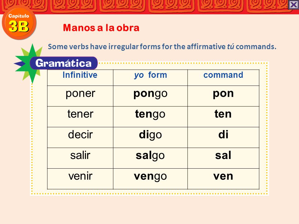 poner pongo pon tener tengo ten decir digo di salir salgo sal venir