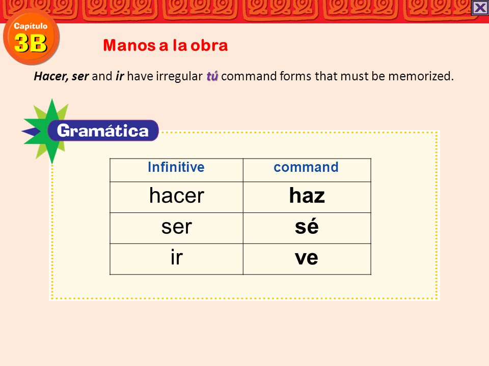 hacer haz ser sé ir ve Manos a la obra