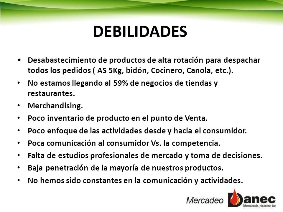 DEBILIDADES Desabastecimiento de productos de alta rotación para despachar todos los pedidos ( AS 5Kg, bidón, Cocinero, Canola, etc.).