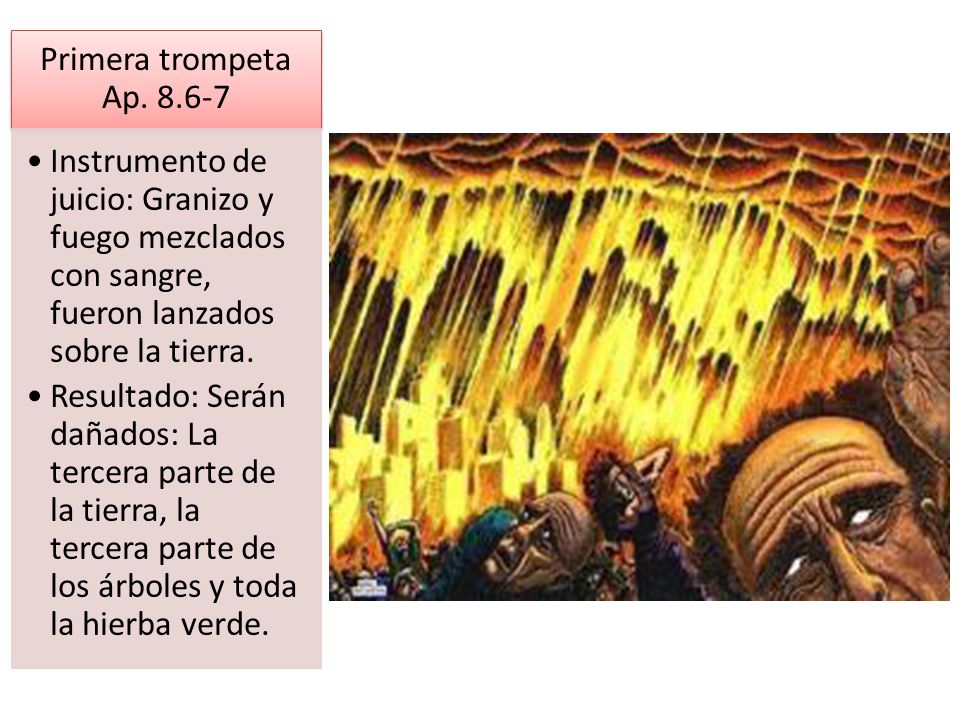 Primera trompeta Ap Instrumento de juicio: Granizo y fuego mezclados con sangre, fueron lanzados sobre la tierra.