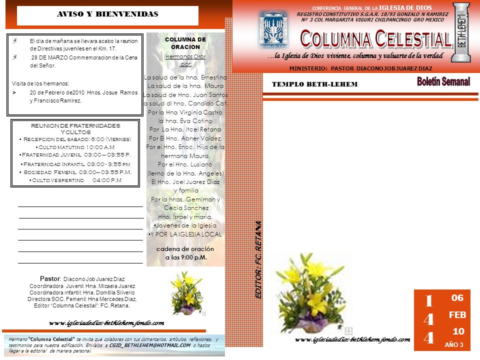 Columna Celestial Boletín Semanal 144 AVISO Y BIENVENIDAS 06 FEB 10
