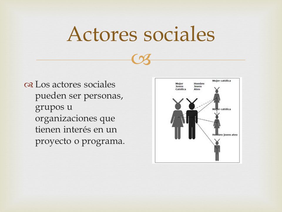 Actores sociales Los actores sociales pueden ser personas, grupos u organizaciones que tienen interés en un proyecto o programa.