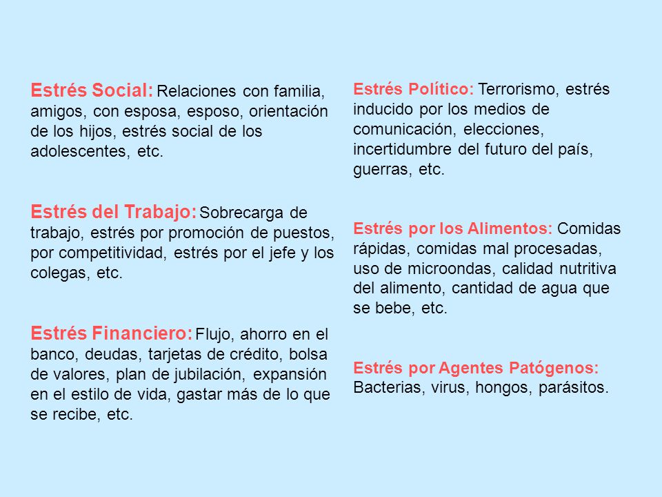 Estrés Social: Relaciones con familia, amigos, con esposa, esposo, orientación de los hijos, estrés social de los adolescentes, etc.