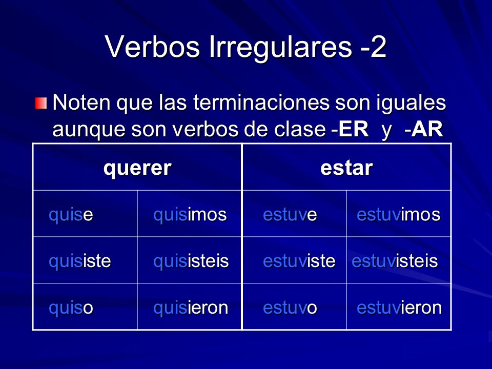 Verbos Irregulares -2 Noten que las terminaciones son iguales aunque son verbos de clase -ER y -AR.