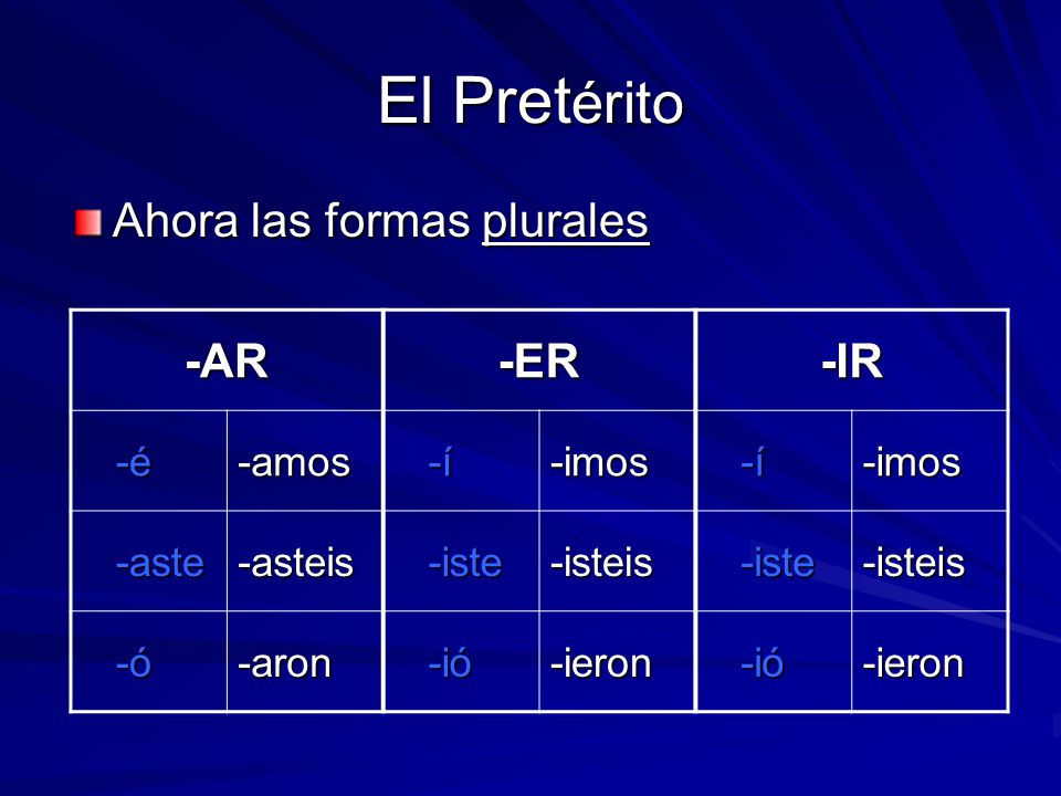 El Pretérito Ahora las formas plurales -AR -ER -IR -é -amos -í -imos