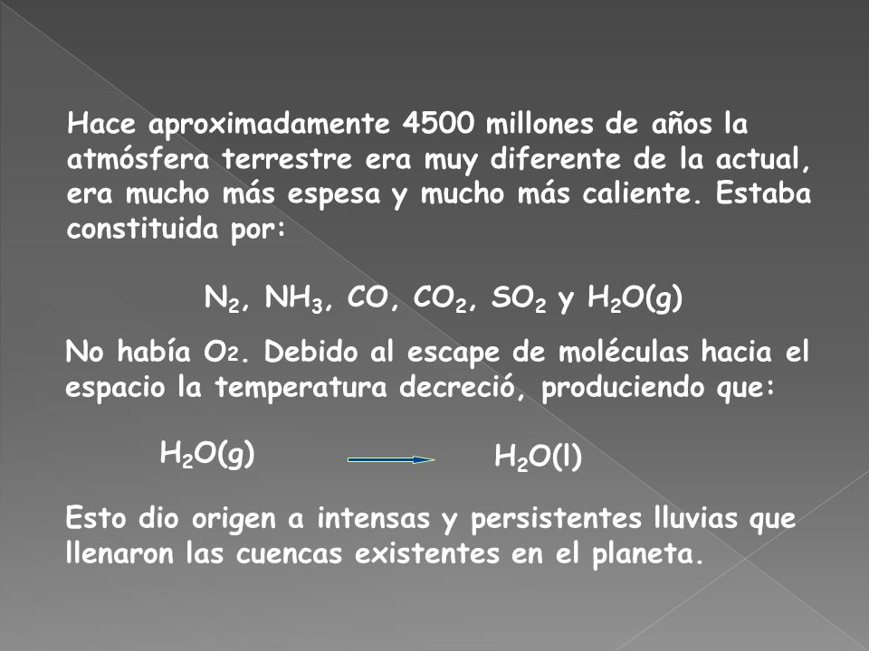 Hace aproximadamente 4500 millones de años la atmósfera terrestre era muy diferente de la actual, era mucho más espesa y mucho más caliente. Estaba constituida por:
