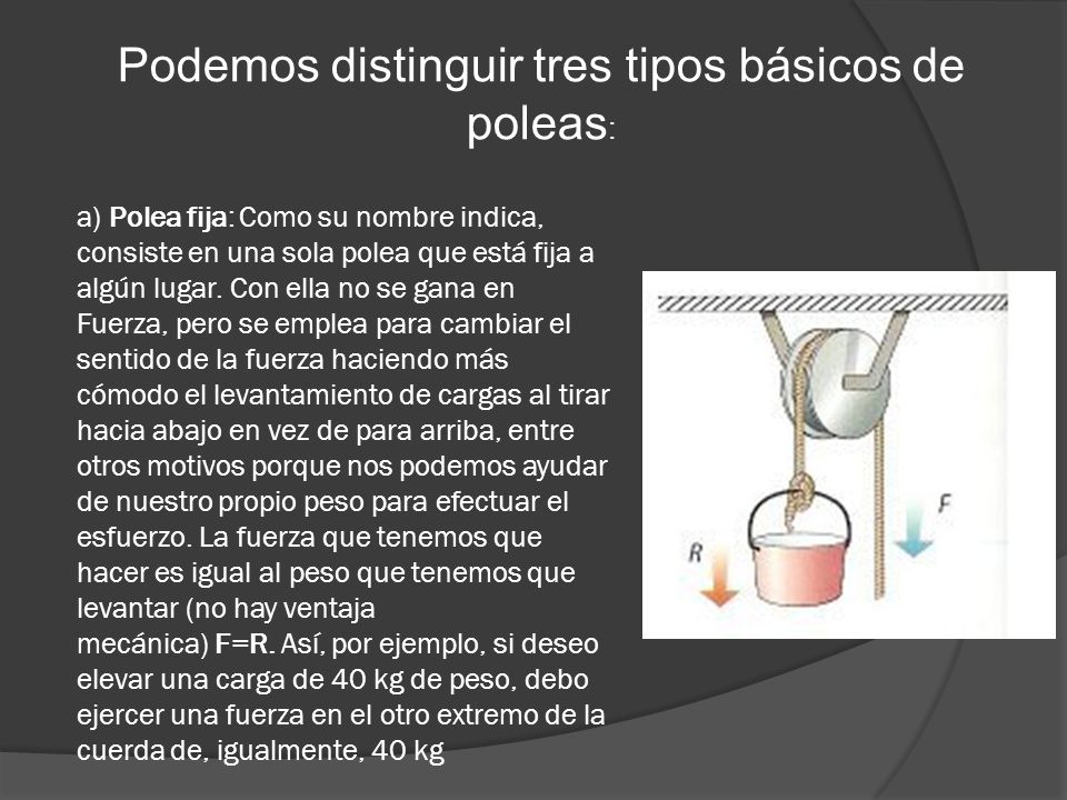 Podemos distinguir tres tipos básicos de poleas: