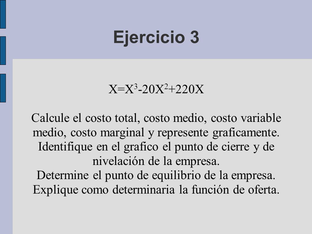 Ejercicio 3 X=X3-20X2+220X. Calcule el costo total, costo medio, costo variable medio, costo marginal y represente graficamente.