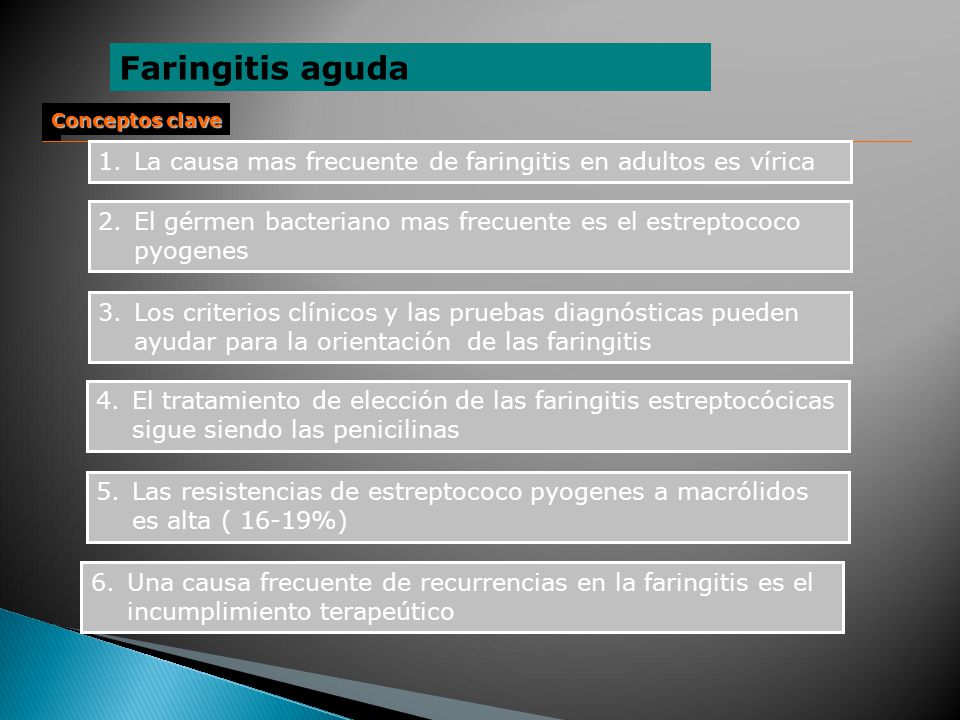 Faringitis aguda Conceptos clave. La causa mas frecuente de faringitis en adultos es vírica.