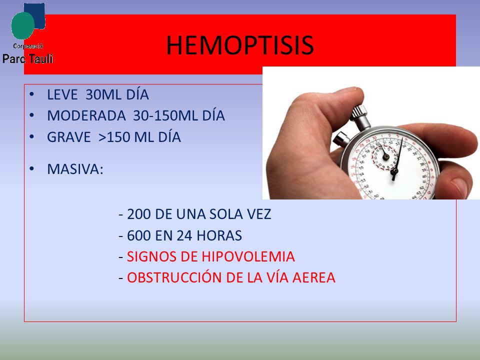 HEMOPTISIS LEVE 30ML DÍA MODERADA ML DÍA GRAVE >150 ML DÍA