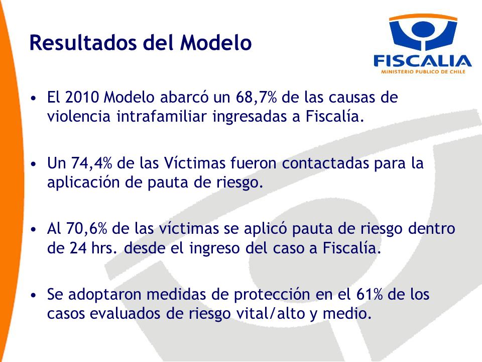 Resultados del Modelo El 2010 Modelo abarcó un 68,7% de las causas de violencia intrafamiliar ingresadas a Fiscalía.