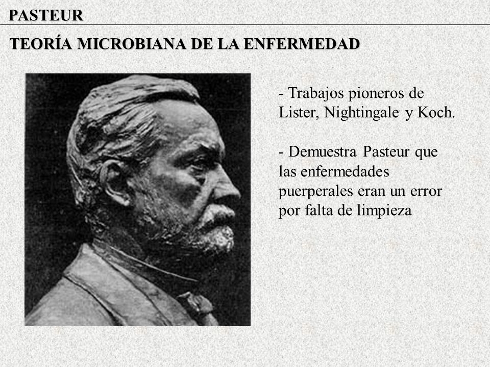 PASTEUR TEORÍA MICROBIANA DE LA ENFERMEDAD. - Trabajos pioneros de Lister, Nightingale y Koch.