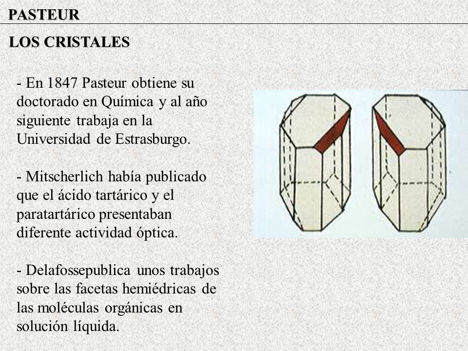 PASTEUR LOS CRISTALES. - En 1847 Pasteur obtiene su doctorado en Química y al año siguiente trabaja en la Universidad de Estrasburgo.