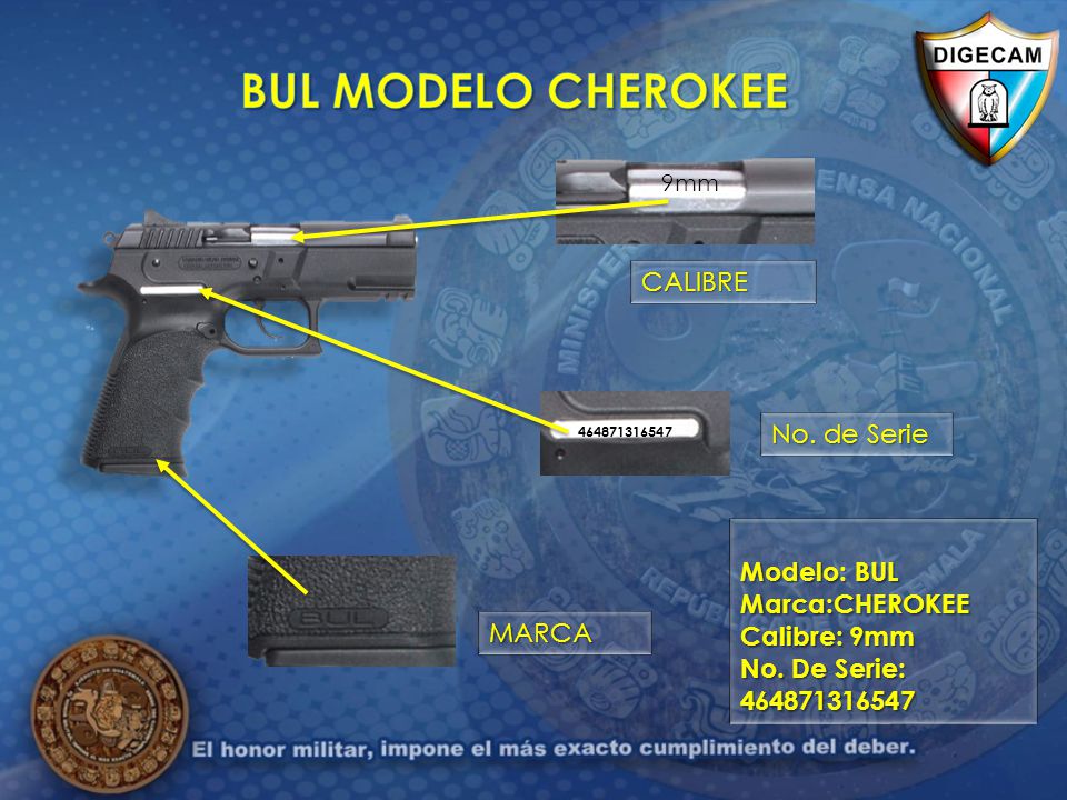 BUL MODELO CHEROKEE CALIBRE No. de Serie Modelo: BUL Marca:CHEROKEE