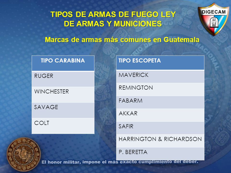 TIPOS DE ARMAS DE FUEGO LEY DE ARMAS Y MUNICIONES