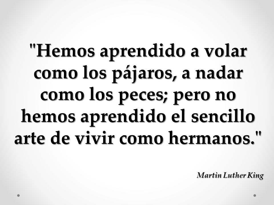 Hemos aprendido a volar como los pájaros, a nadar como los peces; pero no hemos aprendido el sencillo arte de vivir como hermanos.