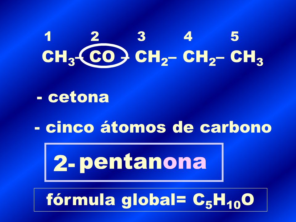 pentanona 2- CH3– CO – CH2– CH2– CH3 - cetona