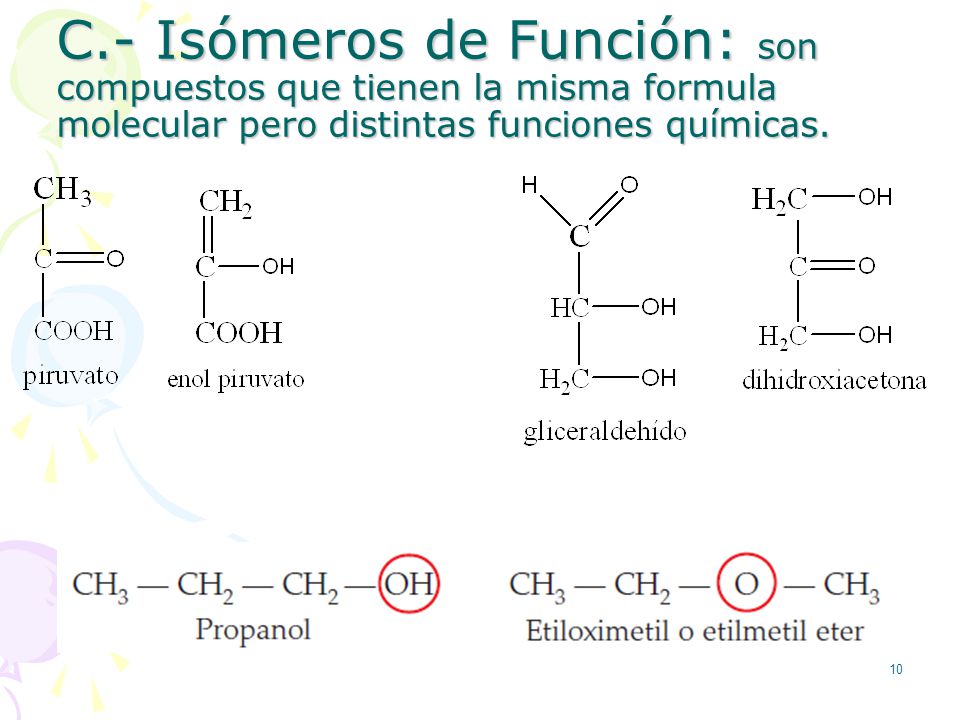 C.- Isómeros de Función: son compuestos que tienen la misma formula molecular pero distintas funciones químicas.