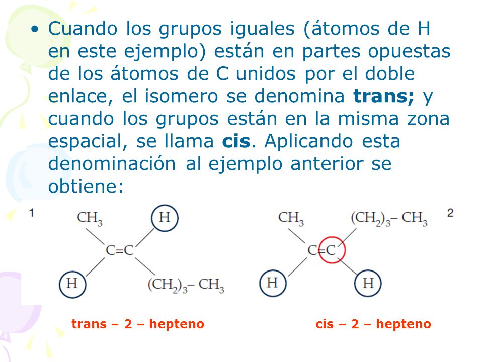 Cuando los grupos iguales (átomos de H en este ejemplo) están en partes opuestas de los átomos de C unidos por el doble enlace, el isomero se denomina trans; y cuando los grupos están en la misma zona espacial, se llama cis. Aplicando esta denominación al ejemplo anterior se obtiene: