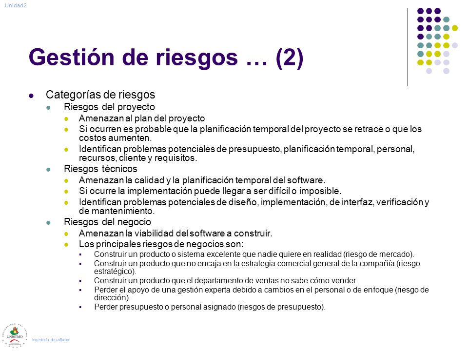 Gestión de riesgos … (2) Categorías de riesgos Riesgos del proyecto