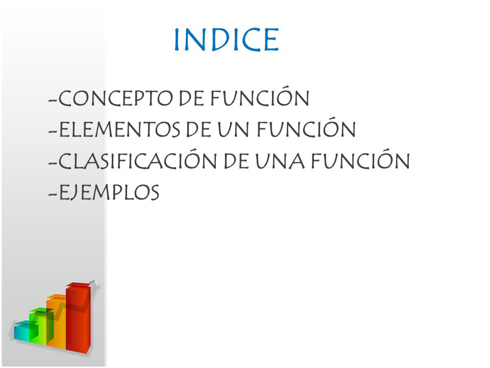 INDICE -CONCEPTO DE FUNCIÓN -ELEMENTOS DE UN FUNCIÓN -CLASIFICACIÓN DE UNA FUNCIÓN -EJEMPLOS