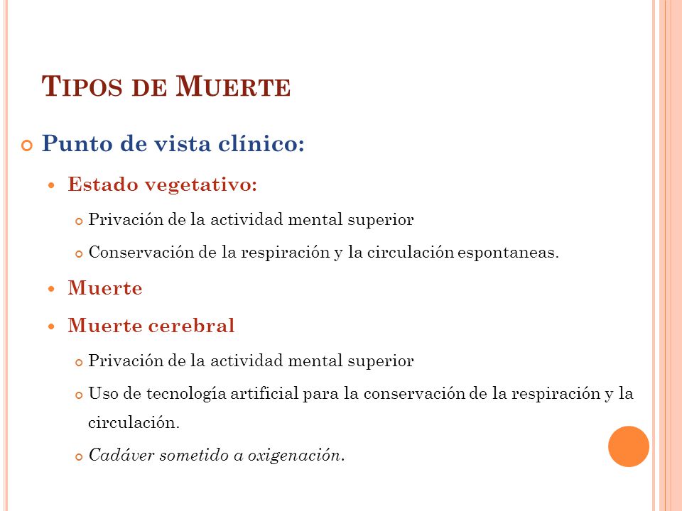 Tipos de Muerte Punto de vista clínico: Estado vegetativo: Muerte
