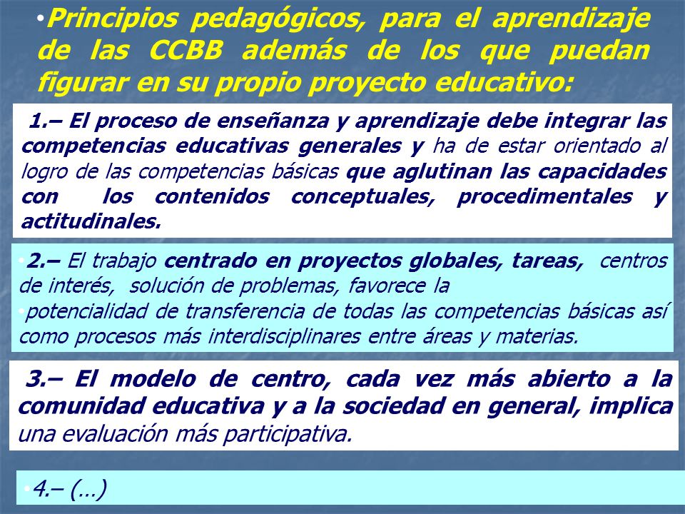 Principios pedagógicos, para el aprendizaje de las CCBB además de los que puedan figurar en su propio proyecto educativo: