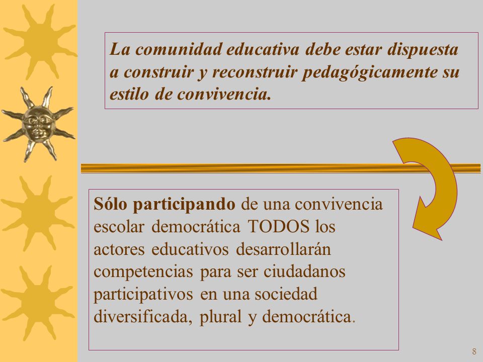 La comunidad educativa debe estar dispuesta a construir y reconstruir pedagógicamente su estilo de convivencia.