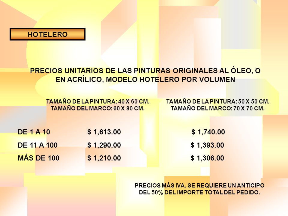 HOTELERO PRECIOS UNITARIOS DE LAS PINTURAS ORIGINALES AL ÓLEO, O EN ACRÍLICO, MODELO HOTELERO POR VOLUMEN.