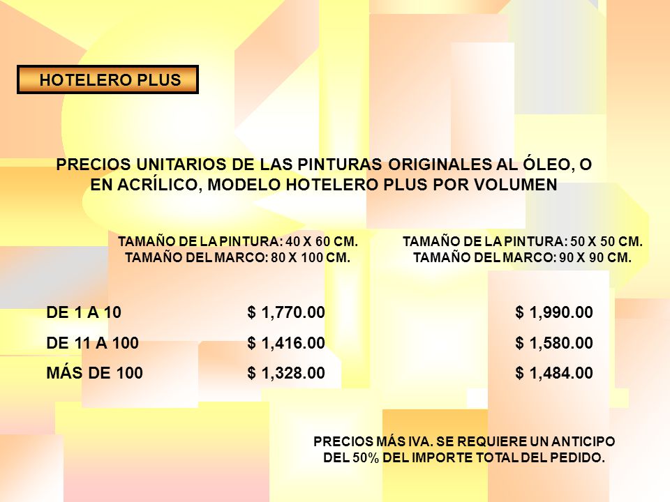 HOTELERO PLUS PRECIOS UNITARIOS DE LAS PINTURAS ORIGINALES AL ÓLEO, O EN ACRÍLICO, MODELO HOTELERO PLUS POR VOLUMEN.