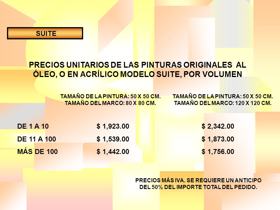 SUITE PRECIOS UNITARIOS DE LAS PINTURAS ORIGINALES AL ÓLEO, O EN ACRÍLICO MODELO SUITE, POR VOLUMEN.