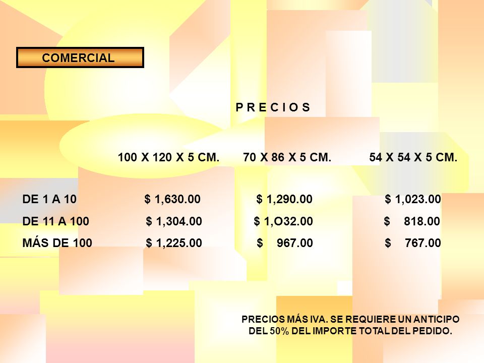COMERCIAL 100 X 120 X 5 CM. 70 X 86 X 5 CM. 54 X 54 X 5 CM.