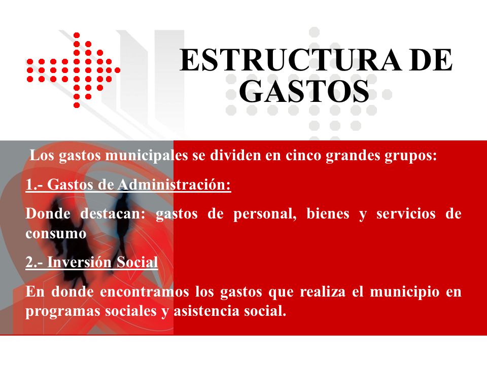 ESTRUCTURA DE GASTOS Los gastos municipales se dividen en cinco grandes grupos: 1.- Gastos de Administración: