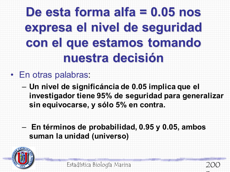 De esta forma alfa = 0.05 nos expresa el nivel de seguridad con el que estamos tomando nuestra decisión