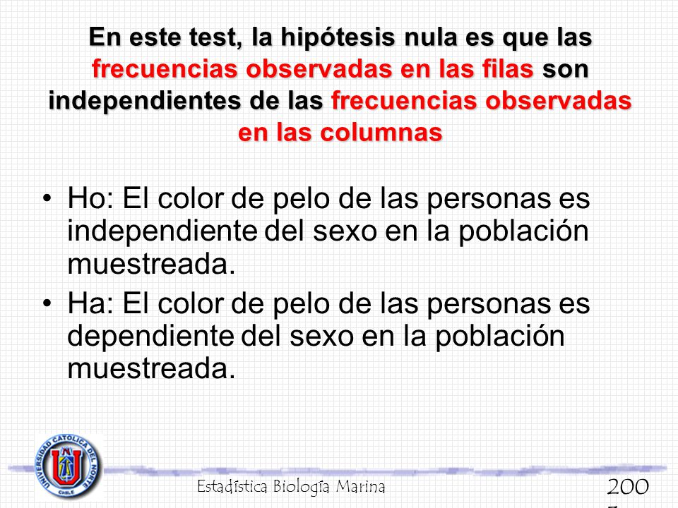 En este test, la hipótesis nula es que las frecuencias observadas en las filas son independientes de las frecuencias observadas en las columnas