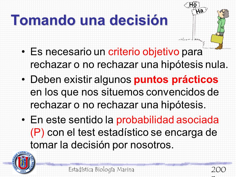 Ha Ho. Tomando una decisión. Es necesario un criterio objetivo para rechazar o no rechazar una hipótesis nula.