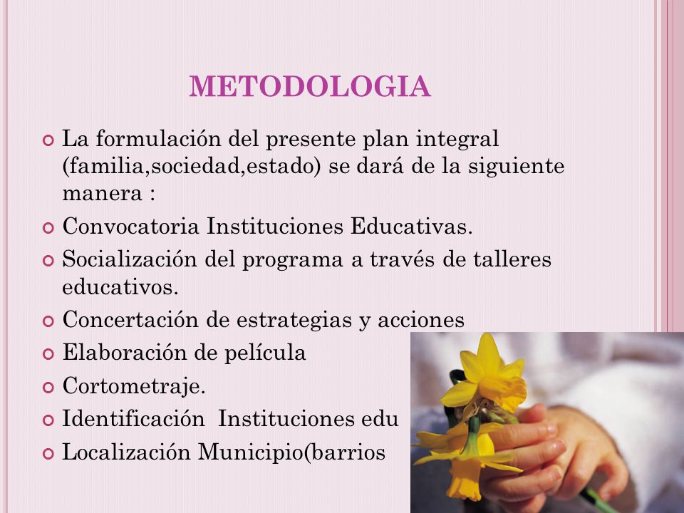 METODOLOGIA La formulación del presente plan integral (familia,sociedad,estado) se dará de la siguiente manera :