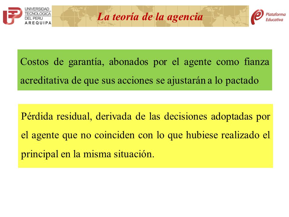 La teoría de la agencia Costos de garantía, abonados por el agente como fianza acreditativa de que sus acciones se ajustarán a lo pactado.