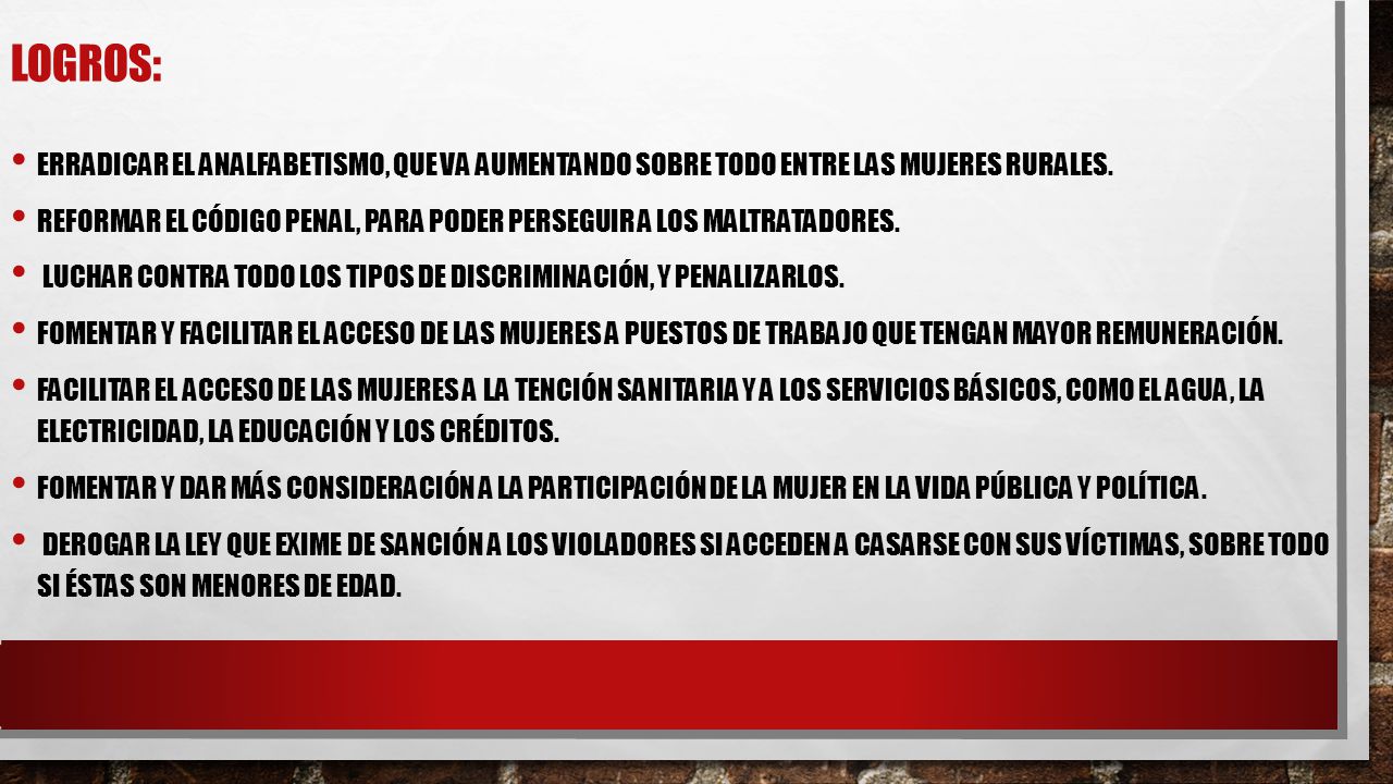 Logros: Erradicar el analfabetismo, que va aumentando sobre todo entre las mujeres rurales.