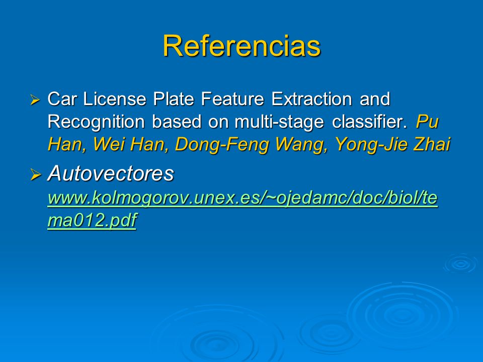 Referencias Car License Plate Feature Extraction and Recognition based on multi-stage classifier. Pu Han, Wei Han, Dong-Feng Wang, Yong-Jie Zhai.
