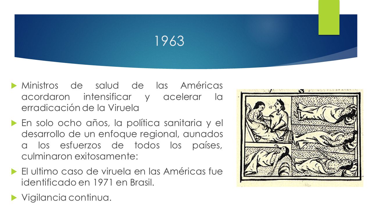 1963 Ministros de salud de las Américas acordaron intensificar y acelerar la erradicación de la Viruela.